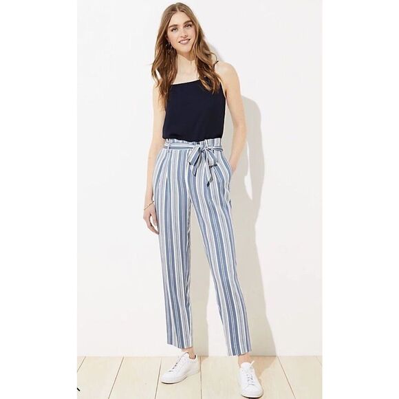 LOFT Striped Paper Bag Pants‎ Large High Rise Stretch Waist Straight Leg NWT - Picture 1 of 8